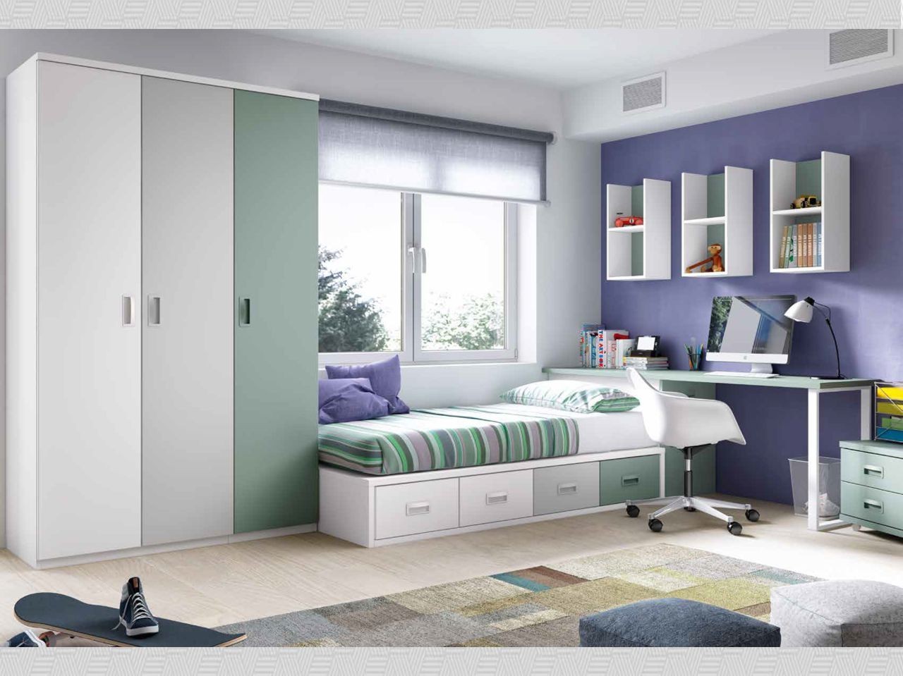 habitación juvenil blanco , gris y kaki con tiradorbox del modelo