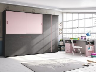 Habitación juvenil cama abatible novotex aluminio y rosa con tirador box