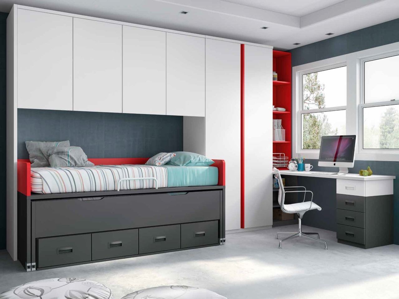 Dormitorio juvenil en color blanco, pizarra y rojo con tirador Box del