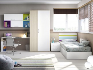 Dormitorio juvenil Roble, aqua, verde, malva y blanco con tirador asa.