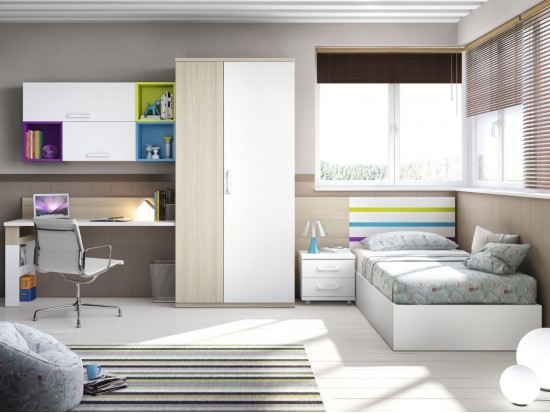 Dormitorio juvenil Roble, aqua, verde, malva y blanco con tirador asa.