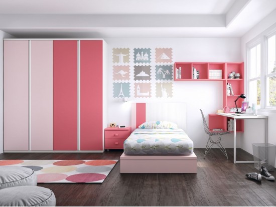 Dormitorio juvenil blanco, coral, rosa y tirador uñero