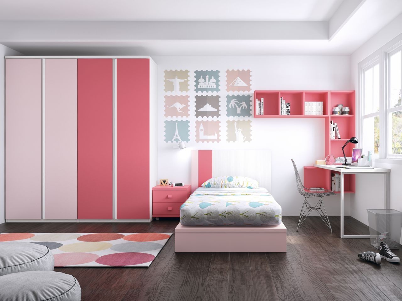 Dormitorio juvenil blanco, coral, rosa y tirador uñero modelo Formas
