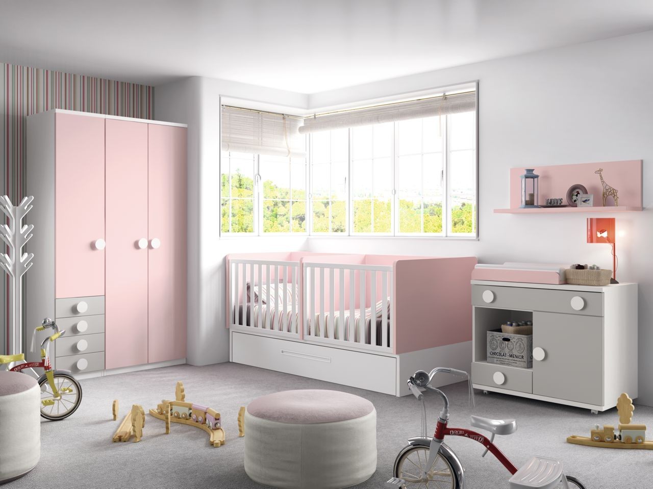 dormitorio-infantil convertible en juvenil color blanco, rosa y gris